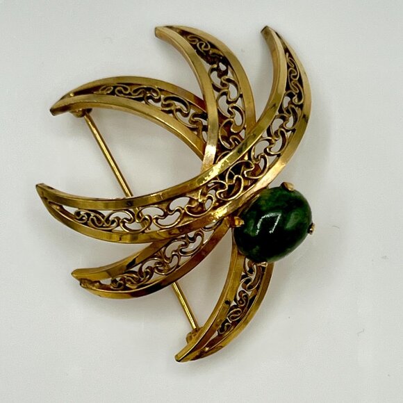 POLCINI Brooch Pin Signed 12K GF Gold Plated Jade Green Stone Filigree Vintage - Picture 9 of 12